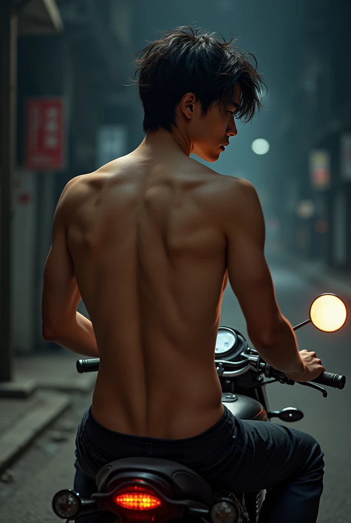 1boy、Real photo style、Photo Quality、Cute handsome man、Mash Hair、Japanese male, 、Completely naked、Full nudity、erection、Huge penis、Highest quality、Realistic、beautiful、Ride a motorcycle、night、darkness、Back view、Completely naked、Butt Exposed、Face turned to the side