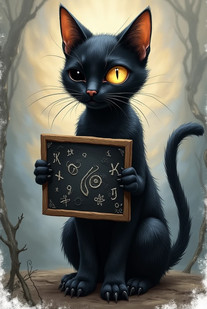Create a drawing of a black cat that has only one eye and is holding a blackboard with its front paws.
