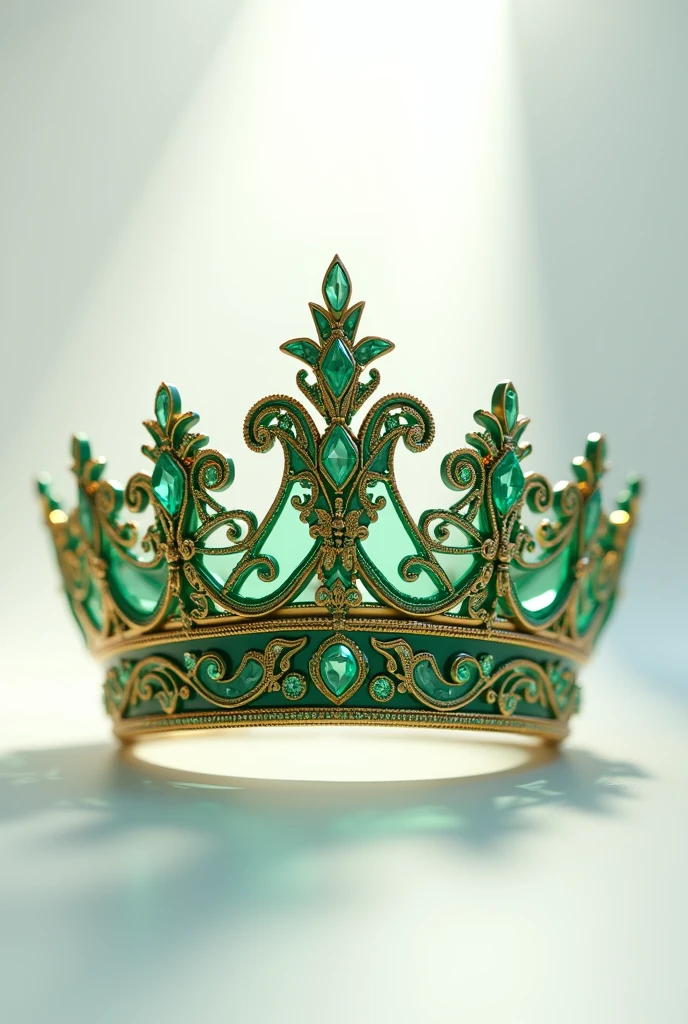 create on a white background, An animated illustration of a delicate golden quinceanera crown, with inlays of green precious stones. The crown debe tener una temática fantástica. The crown, It should resemble a real appearance., predominantly dark green, with intricate gold ornaments. The crown debe presentar patrones ricos y celestiales.. The overall aesthetic should be magical and majestic.., making the crown, be from a fantasy kingdom.