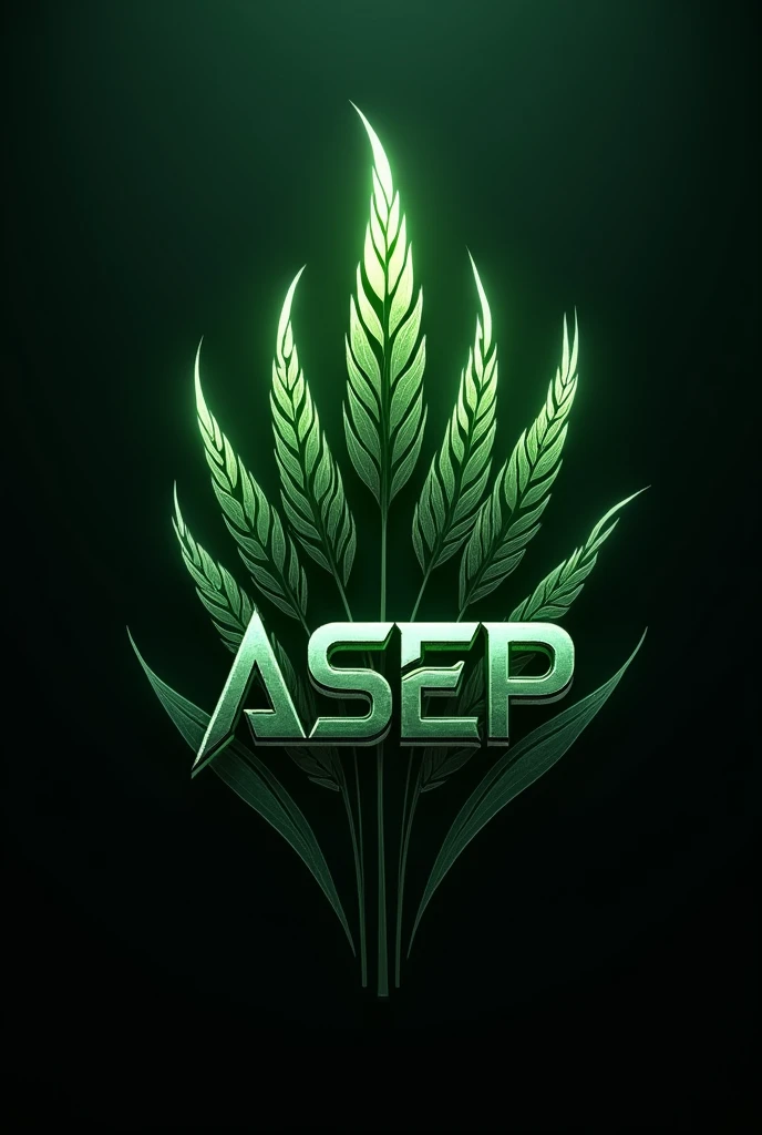 Modern gamer logo featuring name "Asep" clearly displayed. Logo ini menggabungkan bentuk batang paddy (paddy) that wraps or is integrated into the design. Batang paddy ditata dengan garis-garis tajam dan metalik, neon effects to give it a high tech feel, gaming nuances. No "Asep" in bold, futuristic, maybe with gradient or glowing effect. The overall color scheme can include shades of green., it&#39;s not, and black to emphasize the rice and game themes.. The design must be balanced, dengan batang paddy dan nama "Asep" form a cohesive and attractive logo.