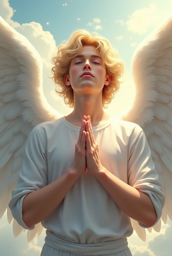 "Create an image of a very handsome male spirit guide, with curly blonde hair and bright blue eyes, but with eyes closed in an expression of devotion. The angel must have a serene and angelic appearance, with a soft and gentle countenance. The angel&#39;s wings must be large, white and ethereal, standing out majestically on the back. The angel must be positioned facing forward, from the bust up, with hands together in a prayer posture. The background can be a heavenly scene with soft clouds and divine lights, to complement the angelic appearance."





