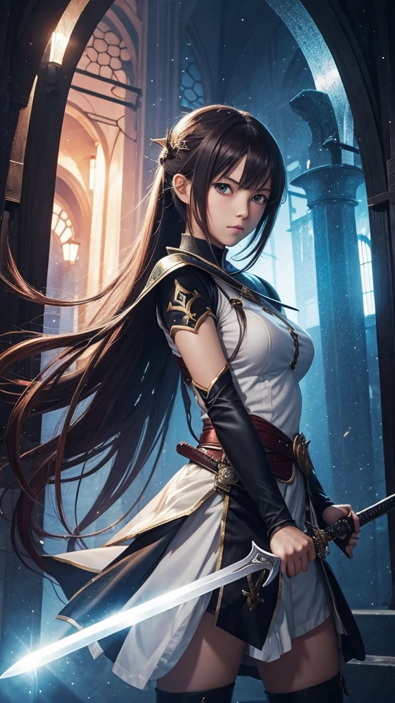 Anime girl with her image being reflected on the sword blade