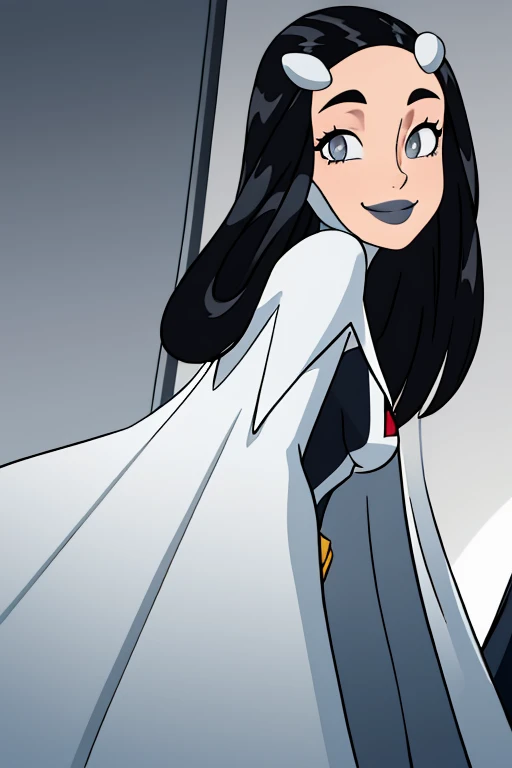 Tinya Wazzo, solo,black hair, long hair. grey eyes, smile, grey lips, white cape, best quality, masterpiece, 1girl, Masterpiece, Best Quality, Detail, room, From Behind, From Below, cape wavering in fronts, cape infront, long cape, beautiful cape 