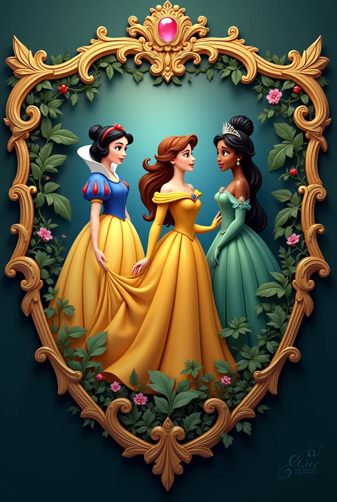 Create a shield with the Snow White princesses,Bella,Tiana and the Frog