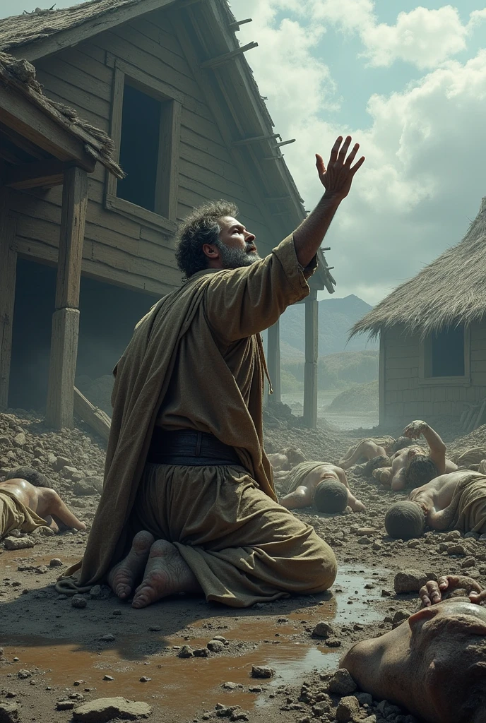 "A tragic scene of devastation, where the house of Jó’s children has collapsed under a mighty windstorm. Rubble and debris lie scattered, and amidst it, the lifeless bodies of Jó’s sons and daughters. Jó, dressed in torn clothes and covered in ash, kneels in grief, raising his eyes and hands toward the sky in a gesture of mourning and submission to God."