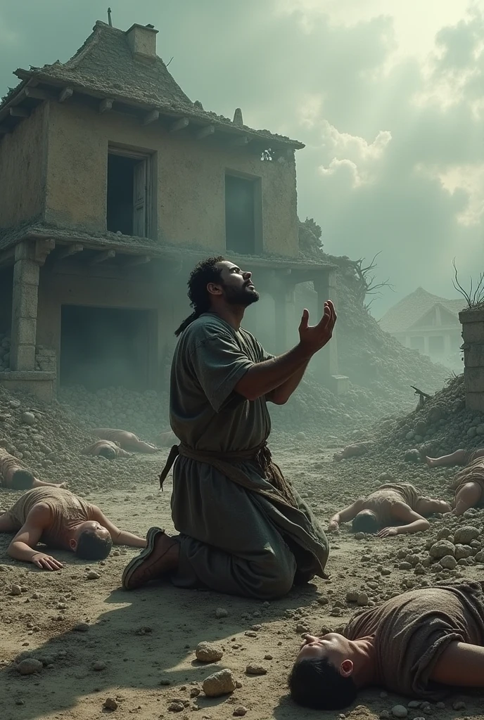 "A tragic scene of devastation, where the house of Jó’s children has collapsed under a mighty windstorm. Rubble and debris lie scattered, and amidst it, the lifeless bodies of Jó’s sons and daughters. Jó, dressed in torn clothes and covered in ash, kneels in grief, raising his eyes and hands toward the sky in a gesture of mourning and submission to God."
