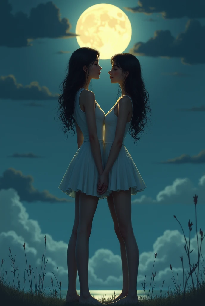 Two women standing under the moonlight, , small chest, thin legs, slender body, lively face 