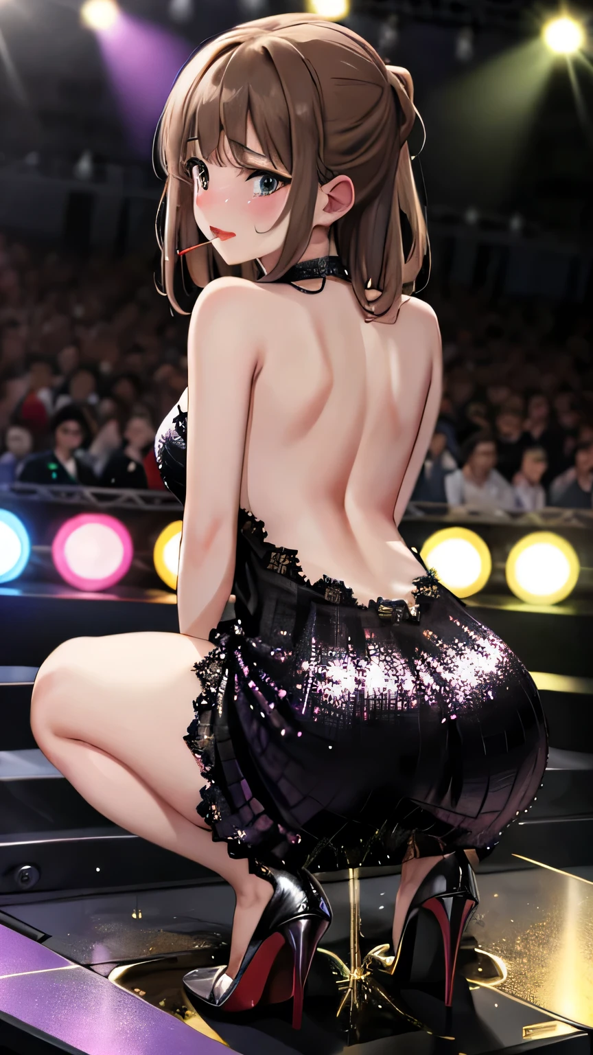 High resolution, Beautiful woman, Attention to detail, Good lighting, Obscene, conversion, ((Backless sequin dress)), ((Red high heels)), Bare thighs, Bare arms, (((Be incontinent))), (Pee), Peeの染み, (puddle), Thick thighs, Nice long legs, lipstick, Detailed face, Cute Face, Embarrassed and blushing face, Humiliated, ((On the disco stage)), (Squat), (Rear View),Stick your butt out