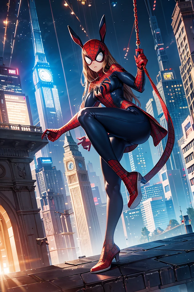 Full body portrait, spider-man cosplay, swinging through buildings in a spider's web, sprawling metropolis in futuristic dystopia, rabbit-shaped pupils, masterpiece, best quality, CG, wallpaper, HDR, high quality, high-definition, extremely detailed, 1girl,