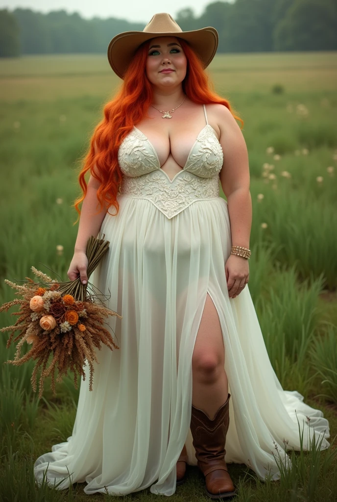 A plump bride with white skin, green eyes and red hair, long and very orange, wearing a white dress all embroidered with white butterflies, low-cut to the foot and a slit on the left leg, wearing brown cowboy boots and a brown cowboy hat on her head, with a bouquet of dried flowers in brown and orange on a green field.