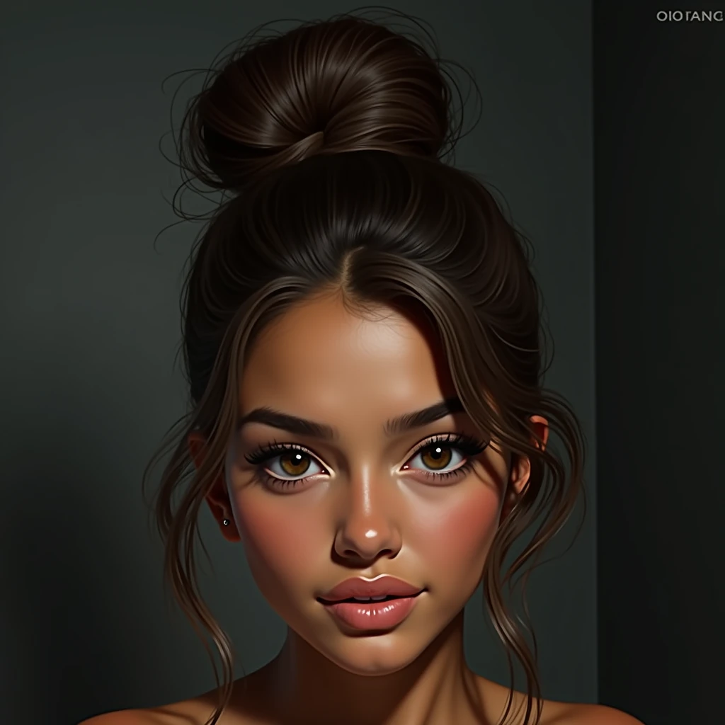 Extremely detailed and realistic portrait of a young and beautiful 20 year old Latina model, delicately tanned cinnamon-toned skin, beautiful and expressive smile, skin pores, Rembrandt Lighting, High level of detail, intricate skin details, skin imperfections, beautiful face and fascinating eyes, sharp details, Hyper realistic, sharp focus, perfect detailed anatomy, perfect and detailed face, perfect details, eyes, Octane rendering, 8k, masterpiece, Maximum quality. 16K UHD resolution. professional camera
