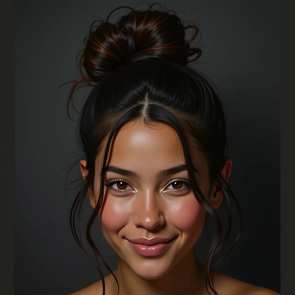 Extremely detailed and realistic portrait of a young and beautiful 20 year old Latina model, delicately tanned cinnamon-toned skin, beautiful and expressive smile, skin pores, Rembrandt Lighting, High level of detail, intricate skin details, skin imperfections, beautiful face and fascinating eyes, sharp details, Hyper realistic, sharp focus, perfect detailed anatomy, perfect and detailed face, perfect details, eyes, Octane rendering, 8k, masterpiece, Maximum quality. 16K UHD resolution. professional camera
