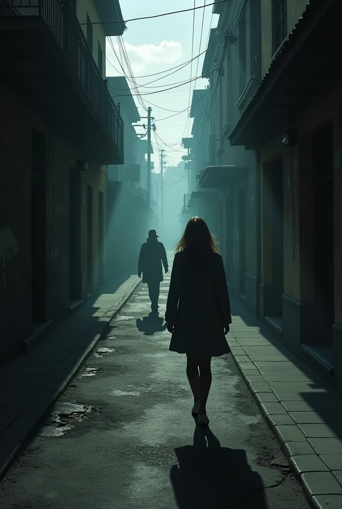 It shows a woman walking alone on a dark and deserted street in the city of La Paz... (Bolivia). She turns around and sees a shadow approaching quickly.. His expression is one of panic