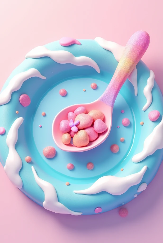 Make a small smaller spoon with multicolor pastel glitter tiny pebbles inside with splash wave art style around 2d anime drawing cute like in motion logo circle