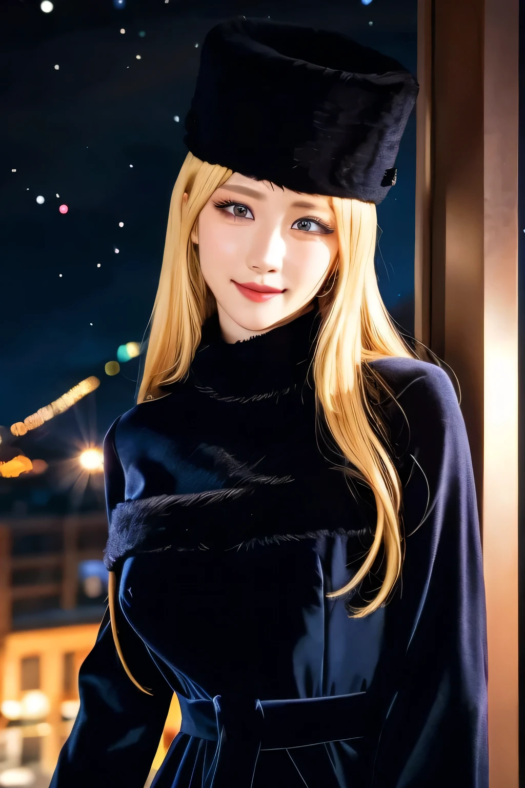 Maetel, Long Hair, Blonde,Fur trim, Black Hat, Fur hat, dress,(Cowboy Shot:1.1), Good eyes, (luggage:1.1), vapor (station:1.1),stationのプラットホーム, night, Milky Way,999 Best Quality, Very detailed, masterpiece, Absurd,8k, (Detailed eyes, Deep Eyes),photoRealistic, Realistic,Detailed skin texture, Detailed pupil,High resolution,
1 Female,(Happy:1.1),smile, (Angular face:1.2),Shining Face,Large Breasts, (Tight waist:1.1), Lip Makeup,Long eyelashes, Obscene body