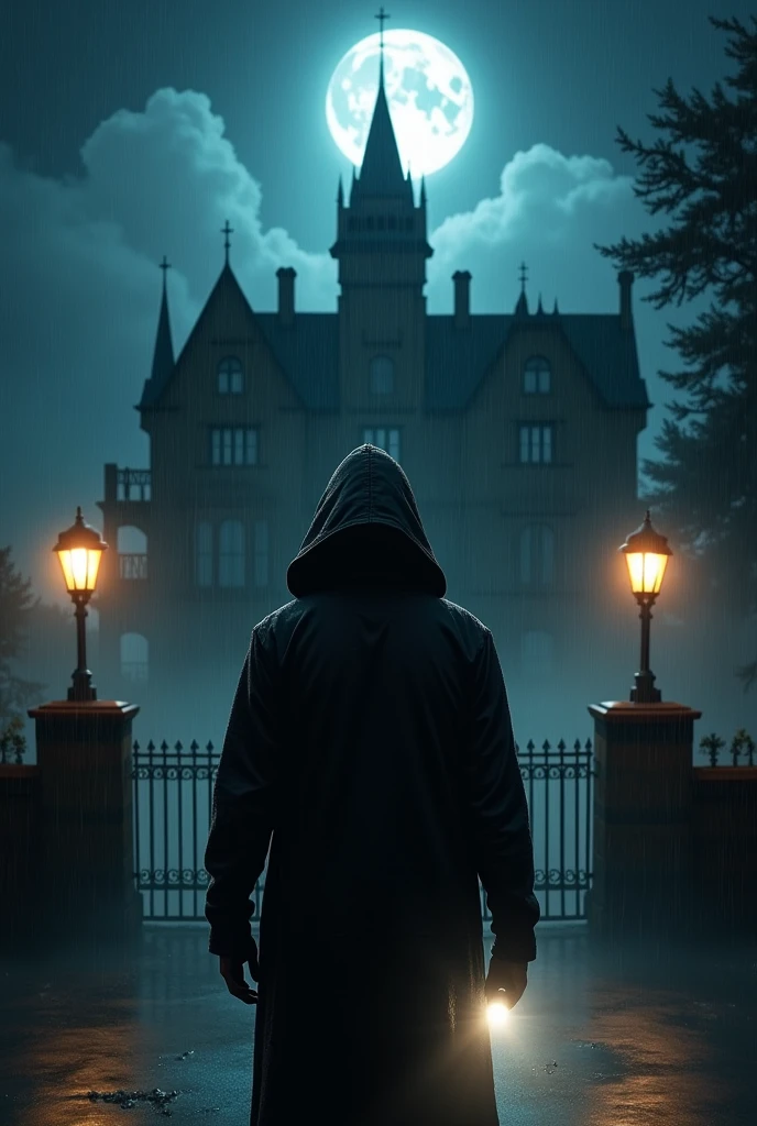 Description: a young man, black hooded dress , carrying a flashlight, Standing at the entrance to the haunted mansion. He looks determined, but a little apprehensive about entering. a humid and rainy environment, with an atmosphere of suspense, photo taken at night. In the sky a moon illuminates the street full of streetlights.