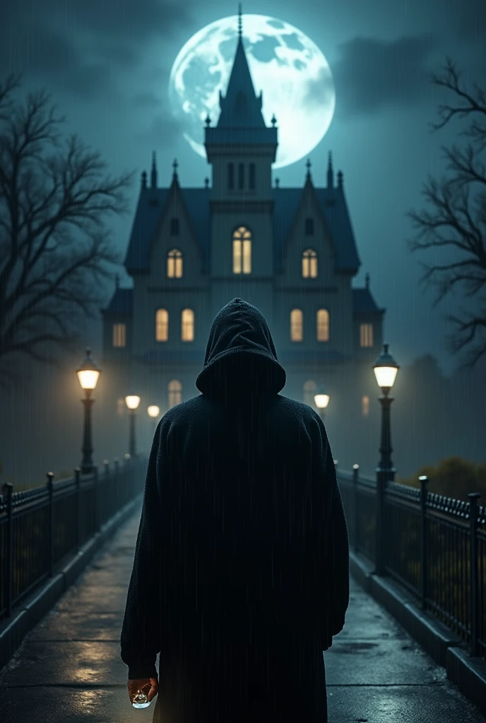 Description: a young man, black hooded dress , carrying a flashlight, Standing at the entrance to the haunted mansion. He looks determined, but a little apprehensive about entering. a humid and rainy environment, with an atmosphere of suspense, photo taken at night. In the sky a moon illuminates the street full of streetlights.
