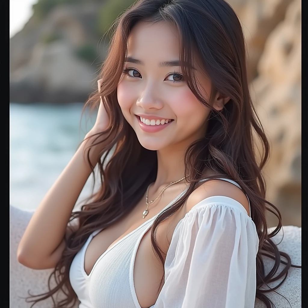 a young mixed asian and hispanic woman with long wavy hair wearing a small bikini, at the beach, small breasts, smiling, (high detail skin:1.2), 8K UHD, Digital SLR, High quality, filmgrain, Fujifilm XT3, perfect figure, (beautiful woman:1.4), ((wavy hair)), RAW photo, rim lighting, dim lighting, perfect anatomy, anatomically correct, perfection proportions.
