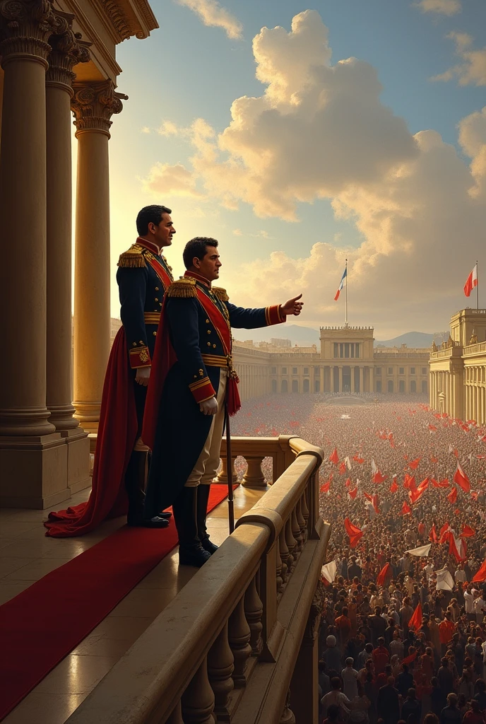 Jose de San Martin giving a speech to the Peruvian population alongside Jose de la Mar on a Republican balcony in Peru on Independence Day, July 18, 1821