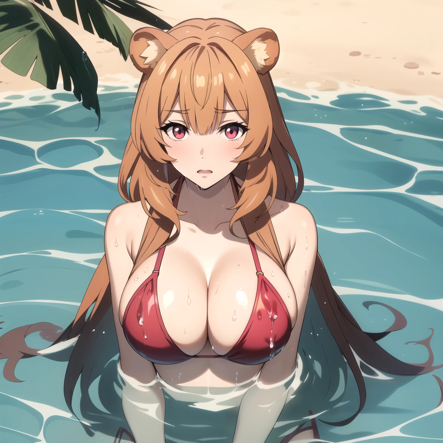 Raphtalia woman ,bright orange blonde hair , red eyes like rubies , confused expression of confusion, bear ears, pink bikini with jaguar design, He is bathing in the sea , bathing ocean, big breasts. wet body, drops of water on his chest. splashing water.