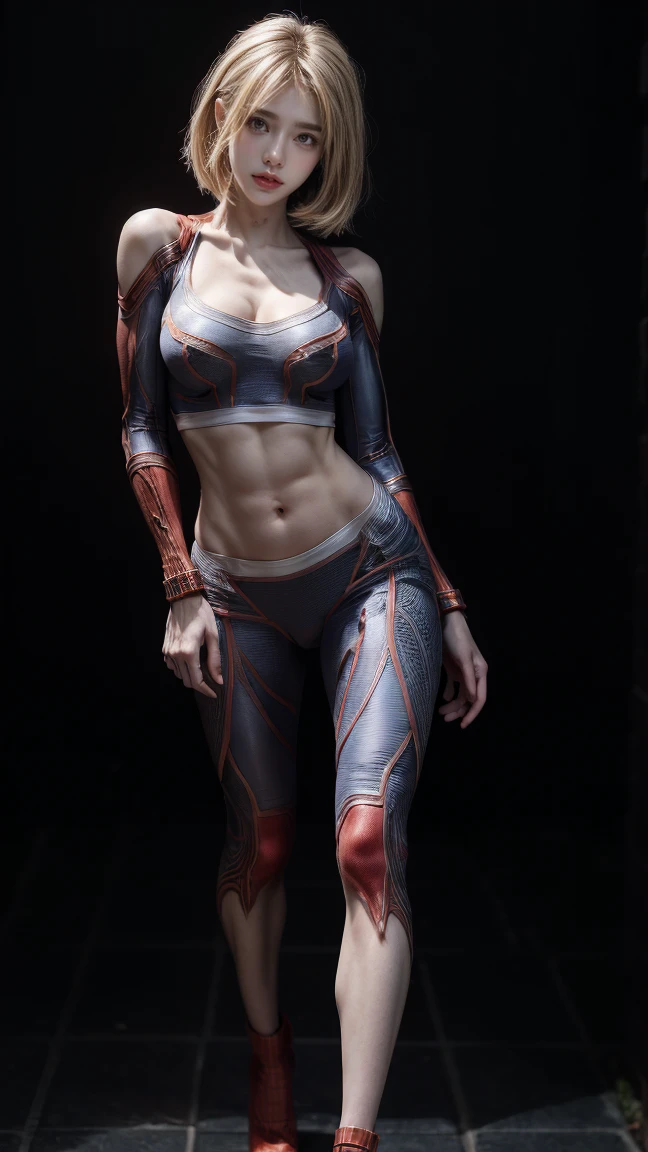 8K, Top Quality, Intricate Details, Ultra Detail, Ultra High Resolution, Masterpiece, close up shot, (full body: 1.1), (()), Slender, Smile, (Makeup: 0.4), ), (Fluffy Eyes: 1.21), (((()))), 1girl, solo, 1 girl, (( cammy white, blonde hair, bangs, short hair, blue eyes, antena hair, abs, scar on cheeks)), close up shot, , ((tall)), (((fit body))), (((slim face))), sharp face, ((spiderman suit, spiderman suit, spiderman))  (detailed face), sharp face, small lips, (( walk pose, walking pose)), 
 (( )), , ((,)), detailed face, detailed breast, , ((large breast, huge breast)), detail ass, Narrow Waist, Skinny, slim tall , 195 cm tall, Muscular, Navel, Exposed Abdomen, Pointed Chest,, Beautiful girl with accentuated slender abs: 1.4, Six Pack Abs: 1.4, Bust Botox, Big, Perfect Body, detail leg, (( dark background)), black background,