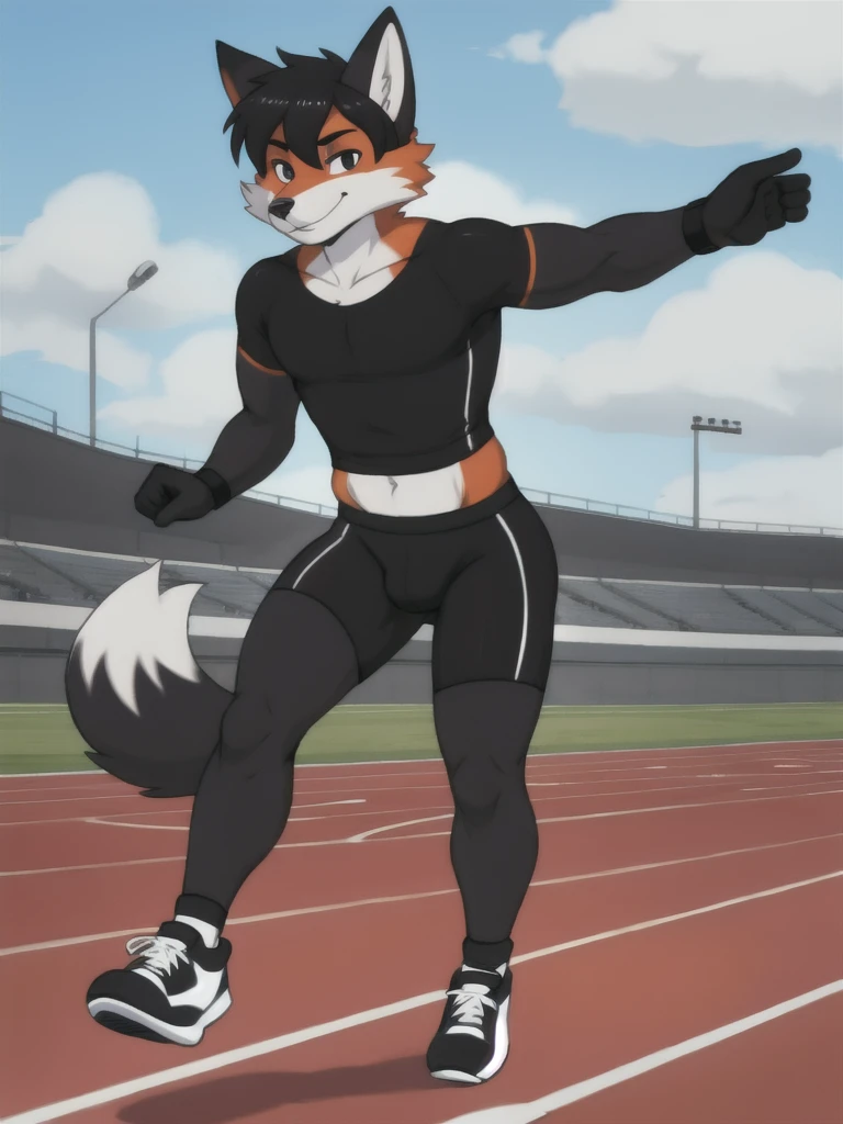 Furry, fox, male, black shirt, black spandex bike shorts, shoes, running track, solo, full body