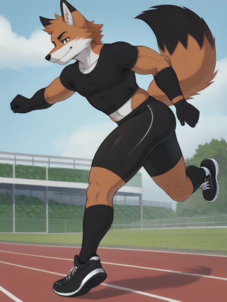 Furry, fox, male, black shirt, black spandex bike shorts, shoes, running track, solo, full body