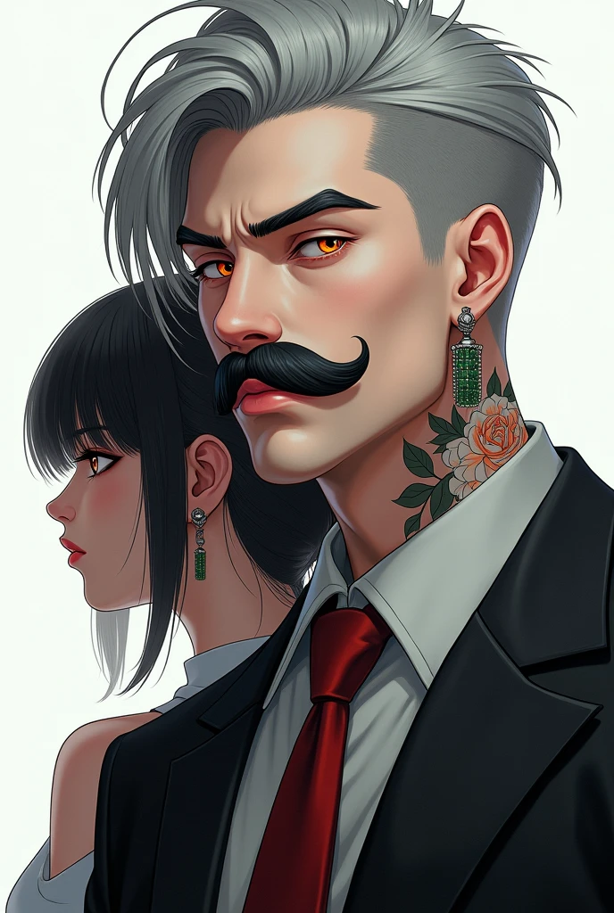 a male artist, with 1.80 tall, gray hair shaved on the sides and long on top falling to the side of the face, orange eyes, big french mustache, jade earrings, flower tattoo on neck, wear formal clothes, work of art, best qualityer, ultra detali, best shade, beautifull detailed face, beautiful detailed eyes, hight contrast,, 1 girl, mic, (Flat Breast), bangss, hair over one eye, black bare shoulders,, white background:1.3, (Facial Focus:1.3, Eye close-up:1.3), ((from behind:1.3)), in this,