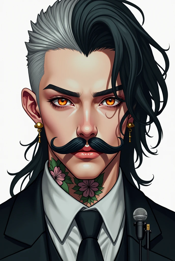 a male artist, with 1.80 tall, gray hair shaved on the sides and long on top falling to the side of the face, orange eyes, big french mustache, jade earrings, flower tattoo on neck, wear formal clothes, work of art, best qualityer, ultra detali, best shade, beautifull detailed face, beautiful detailed eyes, hight contrast,, 1 girl, mic, (Flat Breast), bangss, hair over one eye, black bare shoulders,, white background:1.3, (Facial Focus:1.3, Eye close-up:1.3), ((from behind:1.3)), in this,