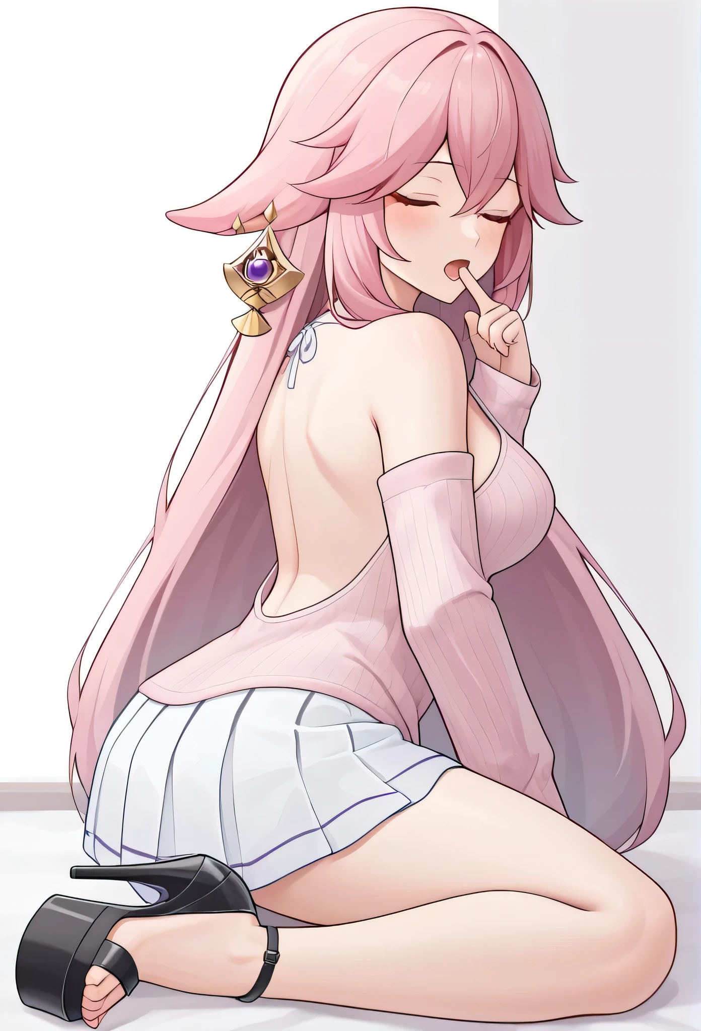 score_9,score_8_most,score_7_most,Bachong, alone, finger_To_Mouth closed, Pink_chemise, Pink_theme, Schmucklos_backdrop, 1 girl, long_sleeve, open_Mouth closed, pleated_rocks, breasts, seek_at_Toschauer, Pink_sweater, White_backdrop, White_chemise, Pink_Ribbon, sleeve_Past_wrists, highres, absurdeste, sleeveless_sweater, platform high heels, Nylons, Body from behind