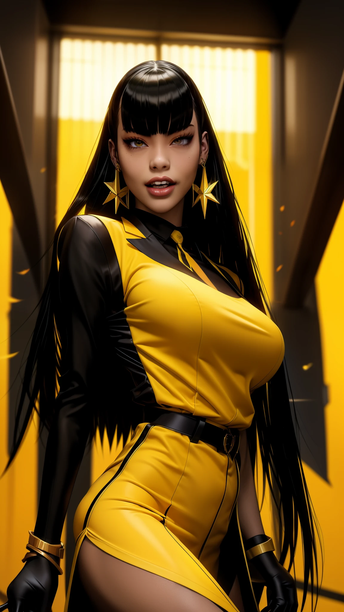 A stylish, anime ciberpunk woman in an Amarillo y Negro outfit poses confidently against a backdrop of the League of Legends universe, embodying the sleek, black-and-yellow color scheme of Loba Andrade from Apex Legends. Her elegant, yellow-toned skin contrasts with her dark attire, adorned with vibrant, yellow panels. The image also features a subtle nod to Brigitte from Overwatch, with the same color scheme. The overall composition exudes a sense of edgy, futuristic allure, fitting for a female chica anime ciberpunk character.