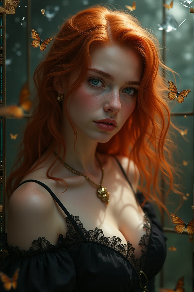 (solo, full body photo:1.3), (action packed:1.3), (haze, fog, mist:1.3), chiaroscuro, best quality, photorealistic, 1woman, (cute), (24yo:1.2), redhead, long ginger hair highly detailed, 1700'S, digital photography, art by artgerm and ruan jia and greg rutkowski surreal painting gold butterfly filigree, broken glass, (masterpiece, sidelighting, finely detailed Fashionable eyes: 1.2) (perfect oval large eyes that gazes at the viewer), beautiful detailed face, blue gorgeous perfect eyes, (blonde hair ponytail), (attractive young woman:1.3), (thick amazing hair), (seductive:1.1), (blushing:1.1)