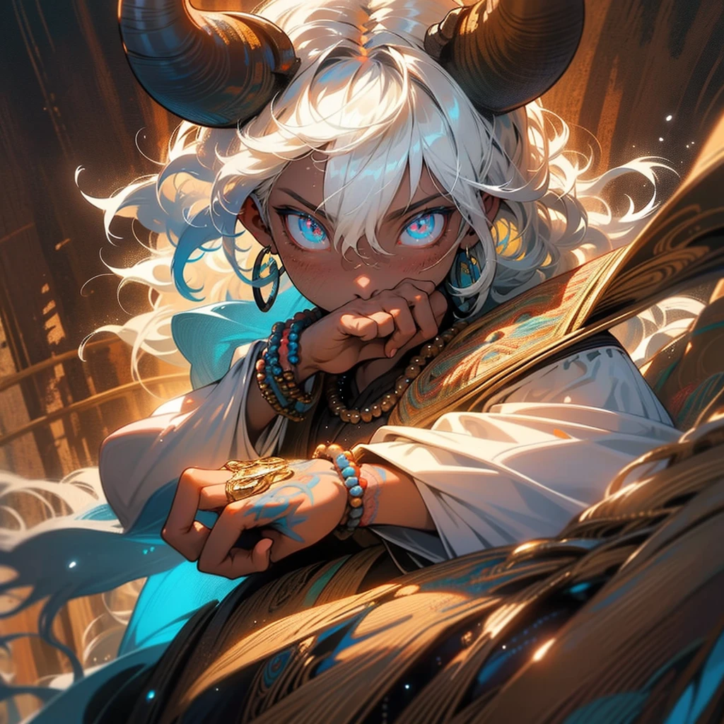 1male, mature, tan skin, finely detailed glowing blue eyes, ((detailed hands)), nice hands, medium messy hair, white hair color, prayer bead necklace, prayer bead bracelet, standing on mountain trail, waterfall, night, somber expression, ((detailed eyes)), ((horns)), red tattoos on chest