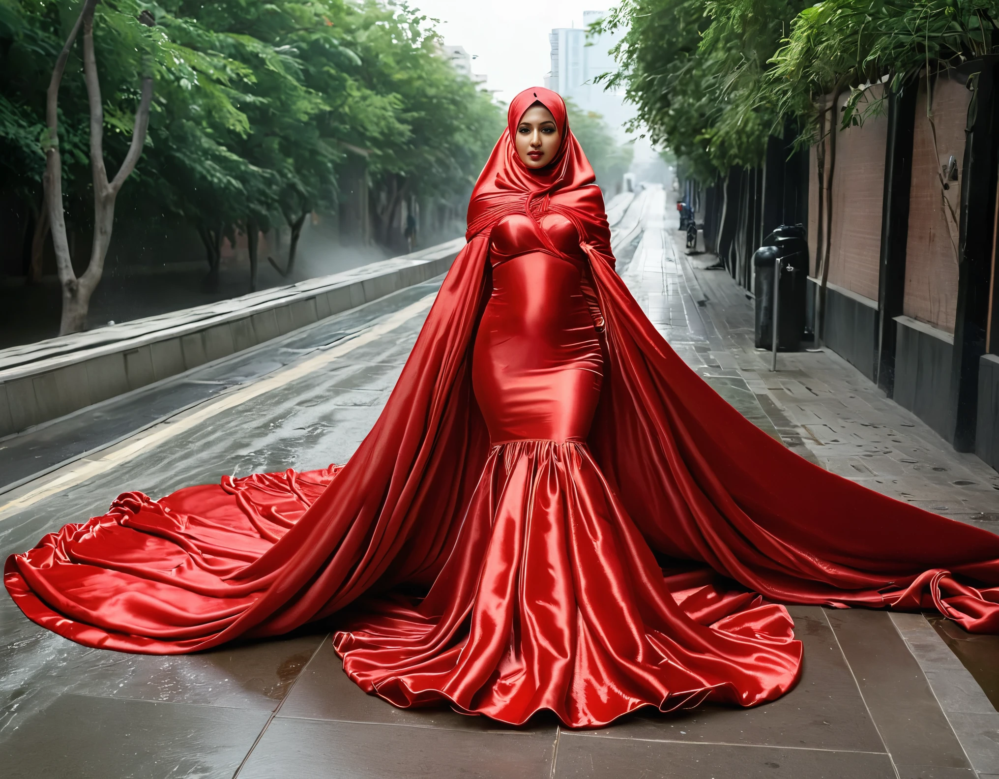 A woman shrouded in a 9-meter-long, plush red satin cloth, tightly bound and grandly draping along the form of her body, flowing off into a pooled floor-length train, styled in a mermaid-inspired outfit, her head modestly veiled in a satin hijab, 175 height woman, walk in wet sidewalk, a full-body pose conveying a sense of elegance, captured in a 4k resolution, ultra-realistic