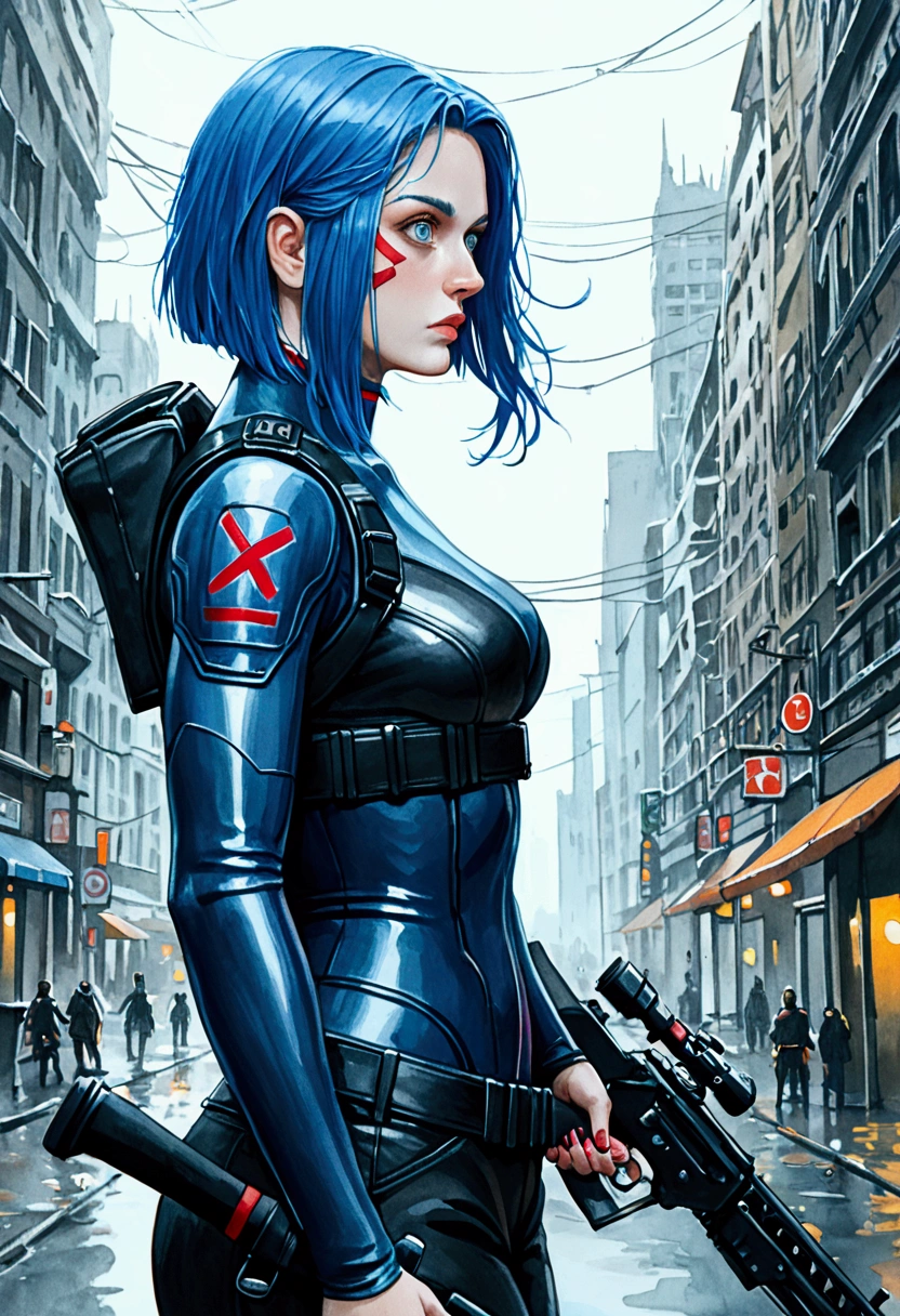 /imagine a drawing with lines and brush paintings, with watercolor touches, of a cyberpunk warrior, make a stylized drawing, in the style of illustrator Otto Schmidt, she wears leather clothes, blue neon details, blue hair, war paint on her face, wielding a large technological weapon, she appears from the side, she is turning her face back, she has a frightened expression, large, wide eyes, around her a chaotic futuristic city, dark and sober environment, streets in the style of the cities in the film Blade Runner 2049,