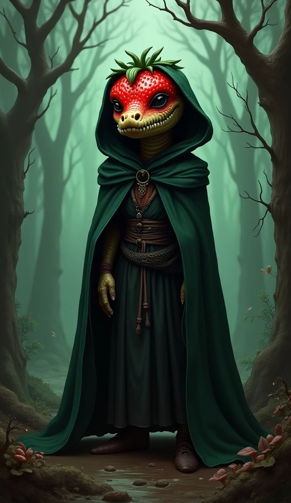 Digital painting of an anthropomorphic humanoid strawberry creature wearing a dark, witchy outfit with hood and robes. The creature has the distinct facial features of a crocodile or other reptilian creature - scaled skin, sharp teeth, and piercing reptilian eyes. The figure stands in a dark, swampy forest landscape, with gnarled trees, murky waters, and an eerie, ethereal atmosphere. Vibrant shades of red, green, and brown dominate the color palette, creating a rich, fantastical aesthetic. The strawberry witch exudes an aura of mysticism and primal power, blending whimsical and unsettling elements. Detailed, high-resolution, cinematic perspective.