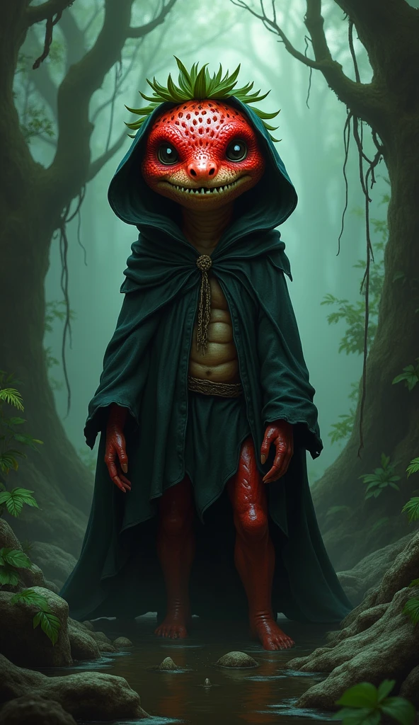 Digital painting of an anthropomorphic humanoid strawberry creature wearing a dark, witchy outfit with hood and robes. The creature has the distinct facial features of a crocodile or other reptilian creature - scaled skin, sharp teeth, and piercing reptilian eyes. The figure stands in a dark, swampy forest landscape, with gnarled trees, murky waters, and an eerie, ethereal atmosphere. Vibrant shades of red, green, and brown dominate the color palette, creating a rich, fantastical aesthetic. The strawberry witch exudes an aura of mysticism and primal power, blending whimsical and unsettling elements. Detailed, high-resolution, cinematic perspective.