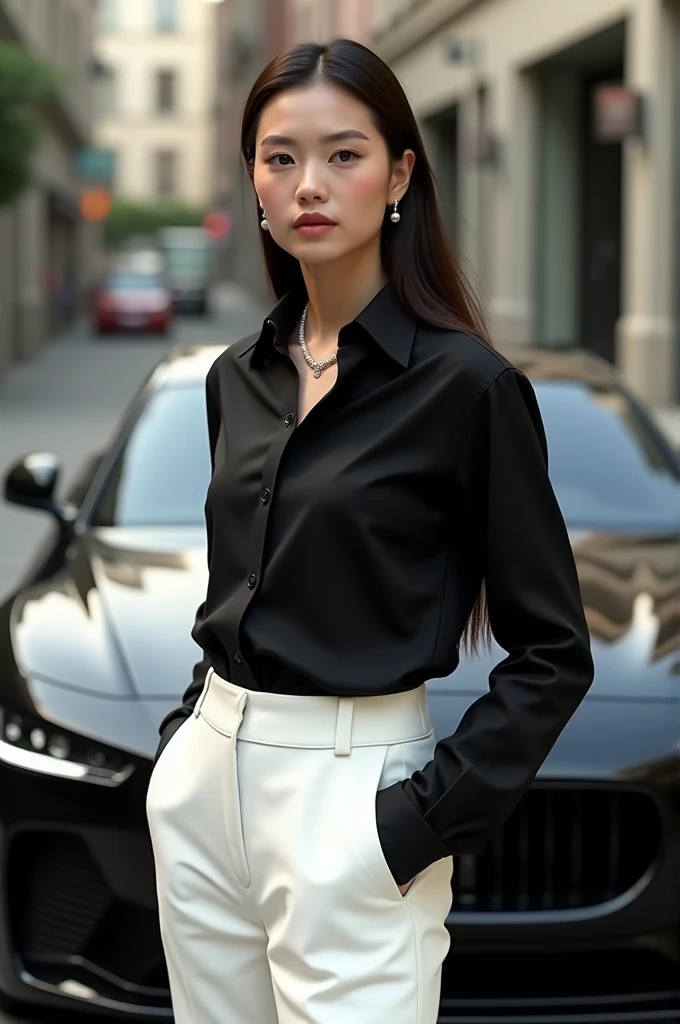 Black shirt to white pant and background car and maintain