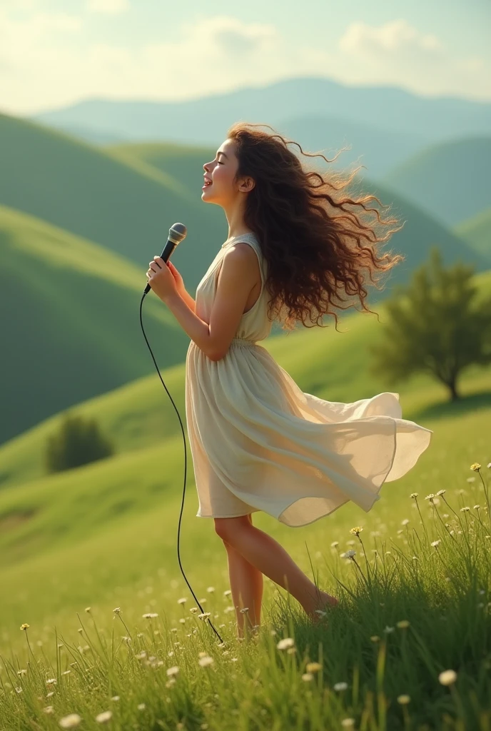 Create a brunette girl singing on the gramis curly hair