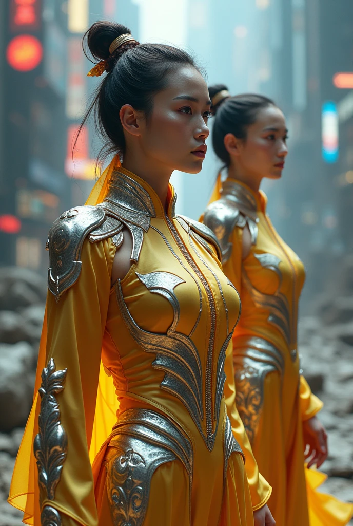 Alien technology martial arts costumes , fashion photography,Gold and silver clothing , sharp eyes,Inspired by Chinese Xianxia and Cyberpunk。(best quality,4K,8K,high resolution,masterpiece:1.2), (Practical,Reality,Photo-real:1.37). information