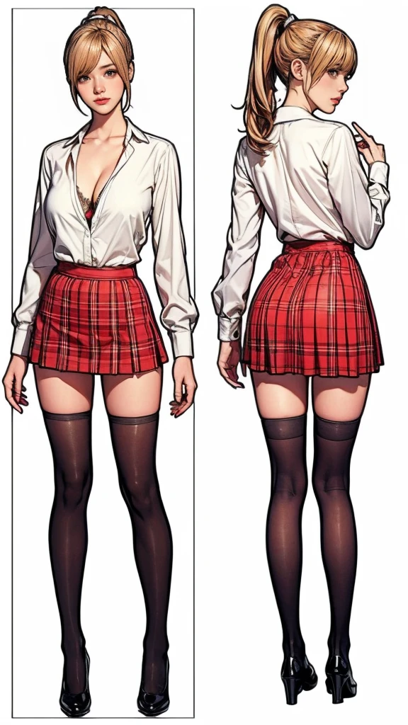 ((masterpiece)), (((Highest quality))), ((Character design sheet)), thin thighs, long legs, 1girl in sexy schoolgirl outfit, red plaid miniskirt, white blouse, black Mary Janes, tight fit:1.5, large breasts, cleavage:2, blonde hair in high ponytail, butt exposure:1.5,