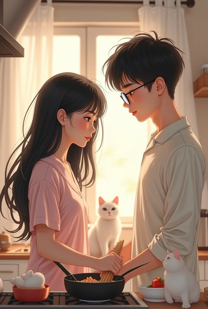 A white age Asian woman with long black hair with a beautiful face The shape is watery Wearing cute pink pajamas, cooking with a man with black hair, white skin, a bouncy body, wearing a white shirt, wearing glasses, three white cats.