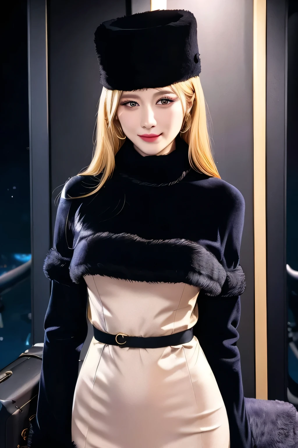 Maetel, Long Hair, Blonde,Fur trim, Black Hat, Fur hat, dress,(Cowboy Shot:1.1), Good eyes, (luggage:1.1), vapor (station:1.1),stationのプラットホーム, night, Milky Way,999 Best Quality, Very detailed, masterpiece, Absurd,8k, (Detailed eyes, Deep Eyes),photoRealistic, Realistic,Detailed skin texture, Detailed pupil,High resolution,
1 Female,(Happy:1.1),smile, (Angular face:1.2),Shining Face,Obscenely huge breasts bigger than her face, (Tight waist:1.1), Lip Makeup,Long eyelashes, Obscene body