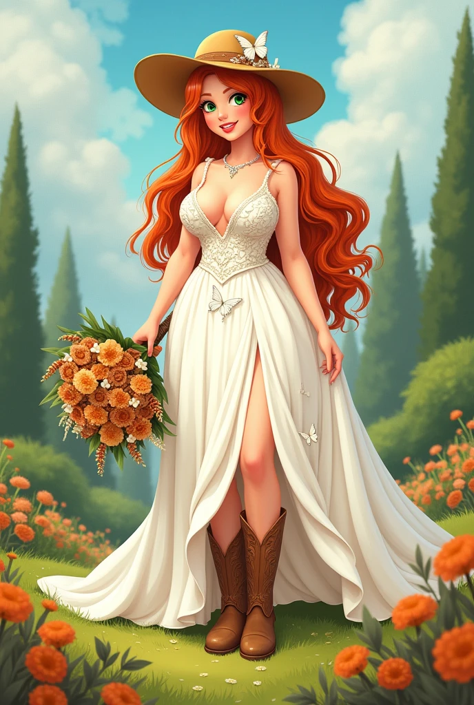 A plump bride with white skin, green eyes and red hair, long and very orange, wearing a white dress all embroidered with white butterflies, low-cut to the foot and a slit on the left leg, wearing brown cowboy boots and a brown cowboy hat on her head, with a bouquet of dried flowers in brown and orange on a green field in a Disney-style drawing.
