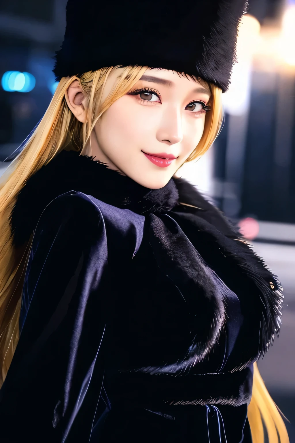 Maetel, Long Hair, Blonde,Fur trim, Black Hat, Fur hat, dress,(Cowboy Shot:1.1), Good eyes, (luggage:1.1), vapor (station:1.1),stationのプラットホーム,  night, Milky Way,999 Best Quality, Very detailed, masterpiece, Absurd,8k,   (Detailed eyes, Deep Eyes),photoRealistic, Realistic,Detailed skin texture, Detailed pupil,High resolution,
1 Female,(Happy:1.1),smile, (Angular face:1.2),Shining Face,Obscenely huge breasts bigger than her face, (Tight waist:1.1), Lip Makeup,Long eyelashes, Obscene body