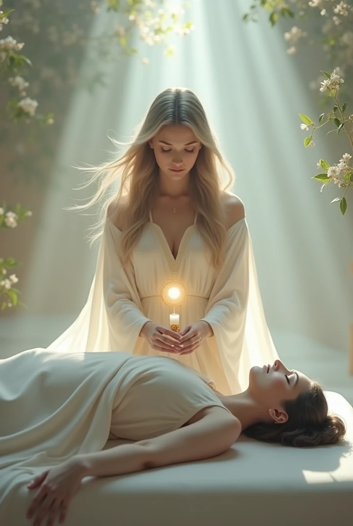 A woman with flowing hair and a serene expression, dressed in white, using a Hebrew pendulum to balance the chakras of another person lying on a massage table