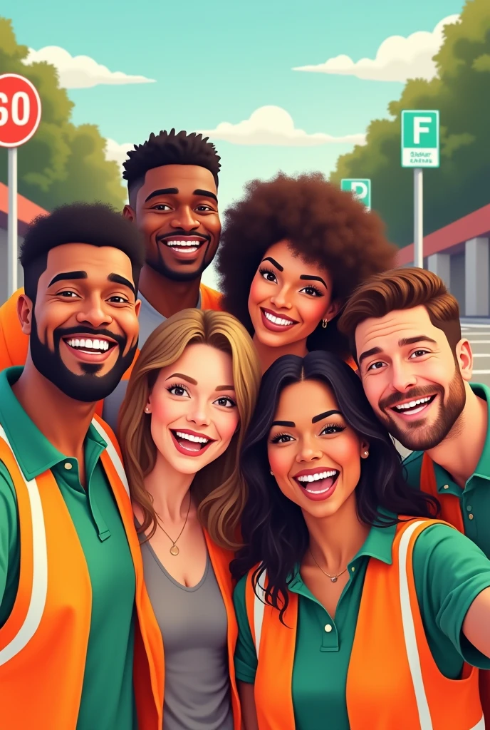 Men and women taking selfie together happily with parking signs, without helmets and with orange and green safety vests in animated illustration mode
