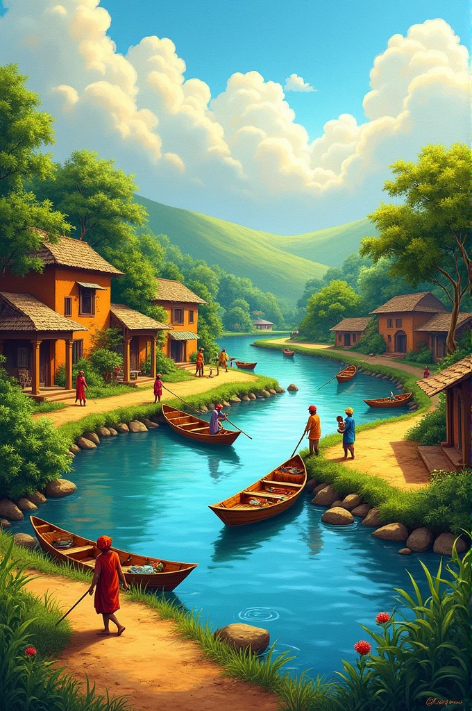 Indian rural village scenery drawing and colorful painting with river, sky, boat, trees, fishing, sunshine 