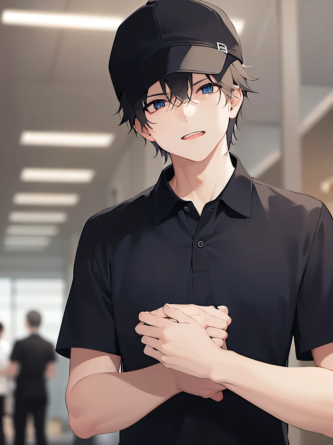 (looking at viewer:1.5),upper body,
shiny skin, masterpiece、Highest quality、
(2 male:1.5) and (Black short hair) and (blue eyes),
(black polo shirt)and(white cap)
Serious、open mouth,Are standing、
Factory with machines、(alone:1.5)
