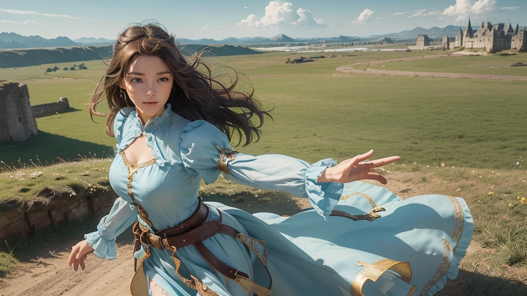 (Cowboy shot), (photo realistic:1.35), masterpiece, best quality, CG, wallpaper, HDR, high quality, high-definition, extremely detailed, 

1girl, brown short hair, blue eyes, 
(highly detailed Caucasian skin:1.2), 
(Rounded large breasts), 
kind smile, 
break 

(retro artstyle), 
(Serene and goddess-like), 
(glowing lightly gold), 
long sleeves, dress, juliet sleeves, 
puffy sleeves, belt, hairband, 
break 

((body is horizontal)), 
((fly through the sky with my hands outstretched)), 
(hair is fluttering:1.25), (clothes are fluttering:1.25), 
well sunlit, 
perfect female anatomy, two legs, two feet, two arms, 
break 

see a castle in the sky in the distance, 
horizon